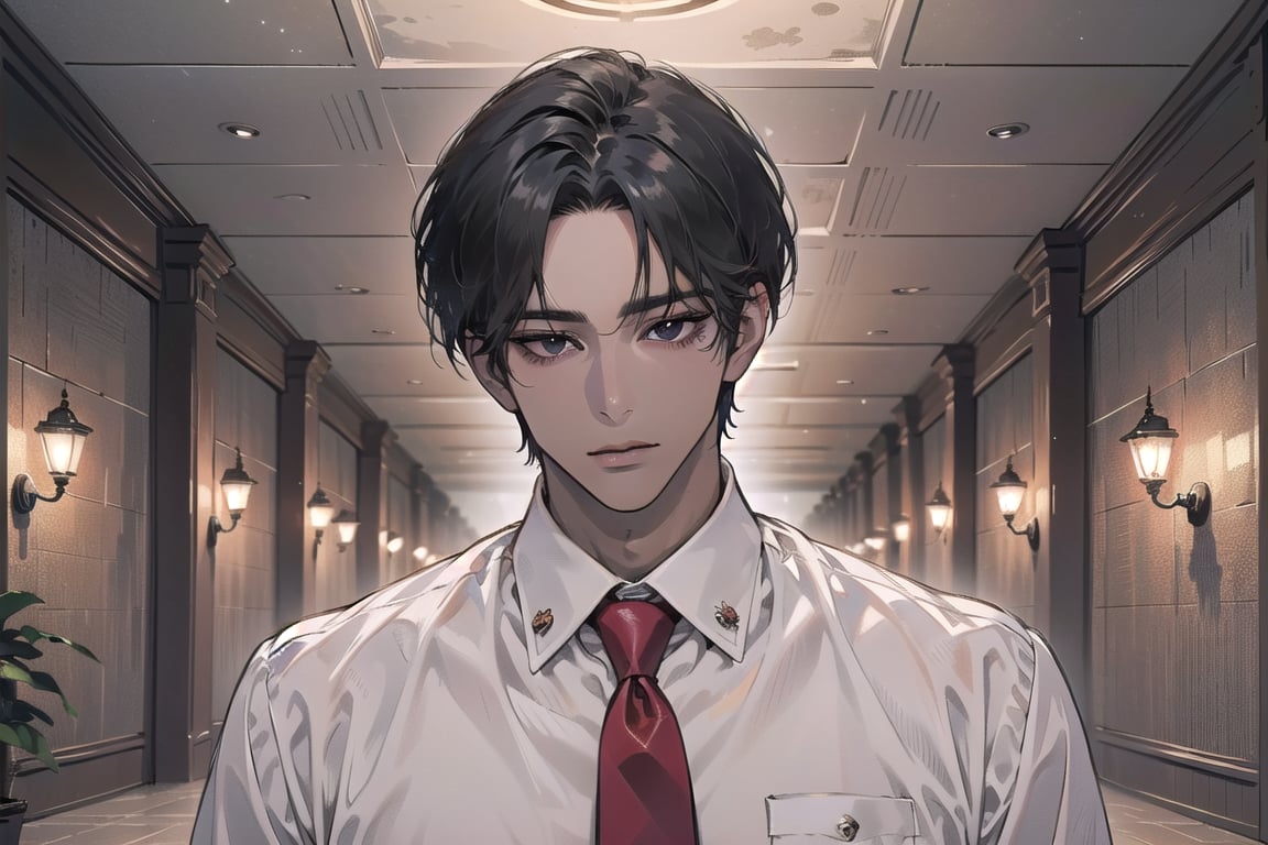 ((black very short hair)), (((dark skin:1.5))), ((center-parting bangs:1.4)), black eyes, mature, angular jaw, thick neck, ((white)) ((shirt:1.3)), short sleeve, red tie, by Raphael, masterpiece, upper body shot, magnificent indoor hall, Dichloe,1 man,1 boy