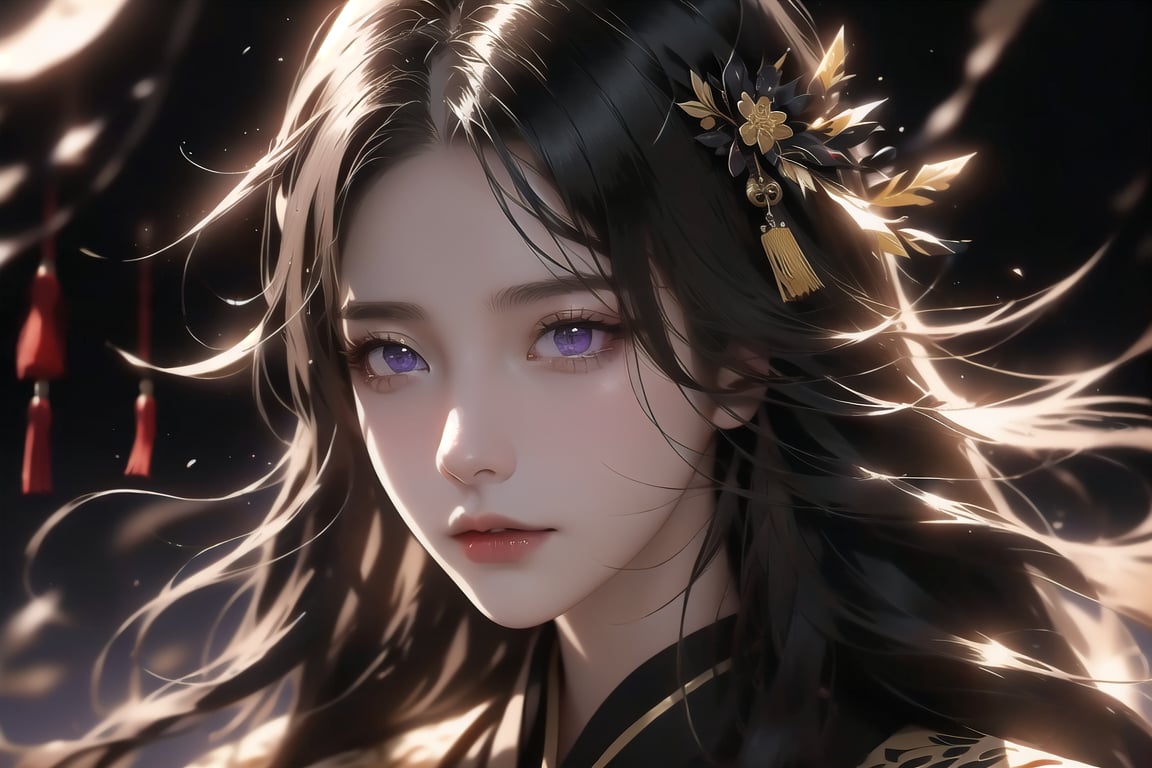 (cowboy shot), dynamic action style, (1woman), (female:1.2), mature face, (mature girl:1.2), sinister smirk, (Chinese hanfu with black and gold accents), finely detailed eyes and face, slim figure, (long black straight hair:1.2), (purple eyes:1.1), (focus on character:1.1), ((solo)), detailed face, detailed eyes, Chinese epic style, clear subject, ultra realistic, ultra detailed, OC rendering, blender, high detail, ultra high quality, dark and ominous atmosphere, dark clouds swirling, subtle mist