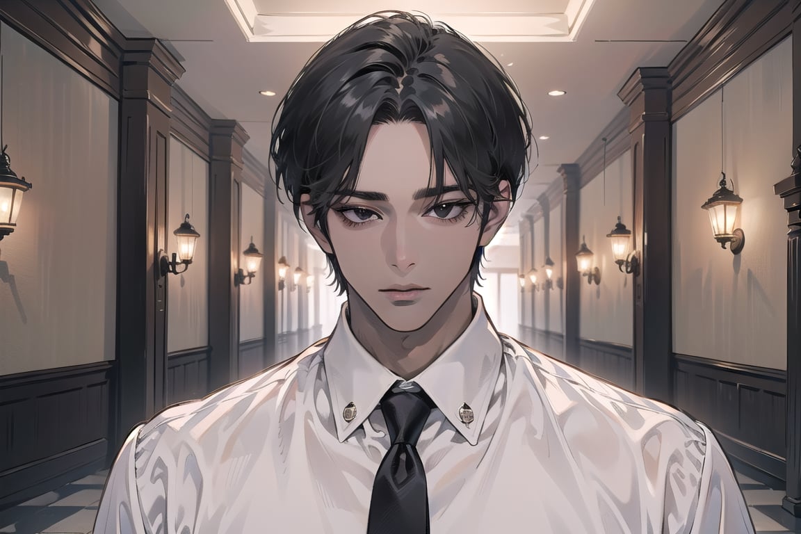 ((black very short hair)), (((dark skin:1.5))), ((center-parting bangs:1.4)), black eyes, mature, angular jaw, thick neck, ((white)) ((shirt:1.3)), short sleeve, red tie, by Raphael, masterpiece, upper body shot, magnificent indoor hall, Dichloe,1 man,1 boy