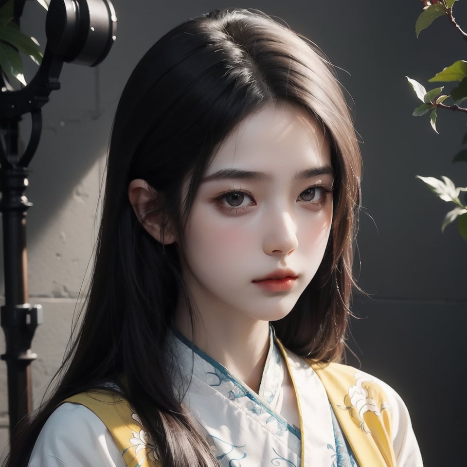 RWA photo, best quality, masterpiece, 8K resolution, Chinese beautiful teen girl, exquisite facial features, wearing white ancient Chinese hanfu,  (black long straight hair flowing down), ((yellow eyes)), close up portrait, wide angle, surreal style, illustration, perfect figure, cinematic texture, soft colors, exquisite details and textures, divine presence, vivid color reflections