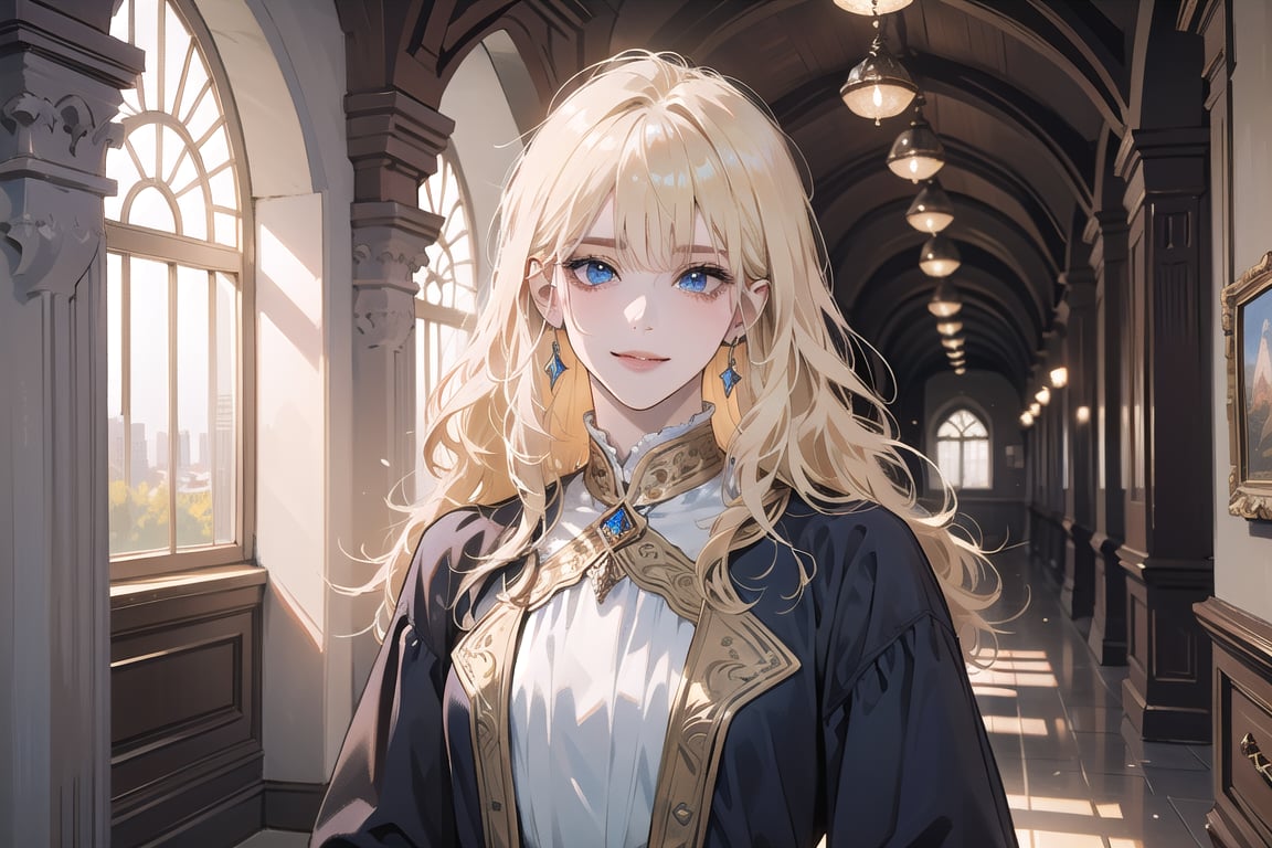 1girl, solo, ((Blonde hair)), (bangs), wavy hair, blue eyes, ((small chest:1.3)), seductive smile, earing, wearing a ((modest dress:1.5)), by Raphael, masterpiece, upper body shot, magnificent indoor hall