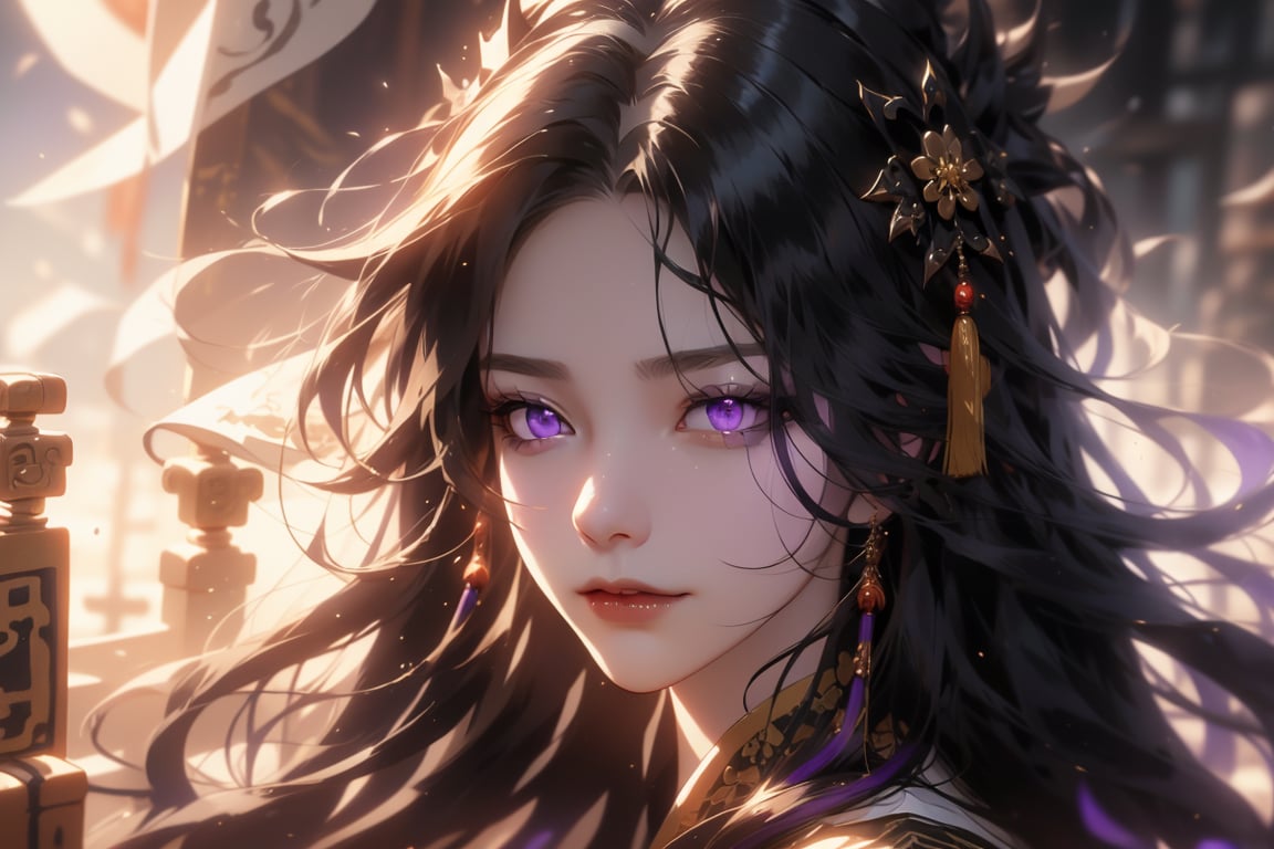 (cowboy shot), dynamic action style, (1woman), (female:1.2), mature face, (mature girl:1.2), sinister smirk, (Chinese hanfu with black and gold accents), finely detailed eyes and face, slim figure, (long black straight hair:1.2), (purple eyes:1.3), (focus on character:1.1), ((solo)), detailed face, detailed eyes, Chinese epic style, clear subject, ultra realistic, ultra detailed, OC rendering, blender, high detail, ultra high quality, dark and ominous atmosphere, dark clouds swirling, subtle mist