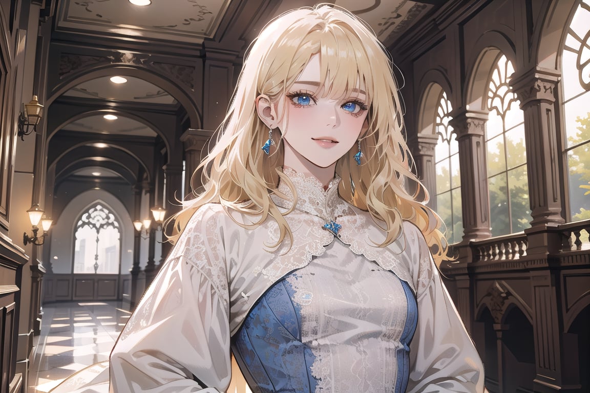 1girl, solo, ((Blonde hair)), (bangs), wavy hair, blue eyes, ((small chest:1.2)), seductive smile, earing, wearing a ((modest lace dress:1.5)), by Raphael, masterpiece, upper body shot, magnificent indoor hall