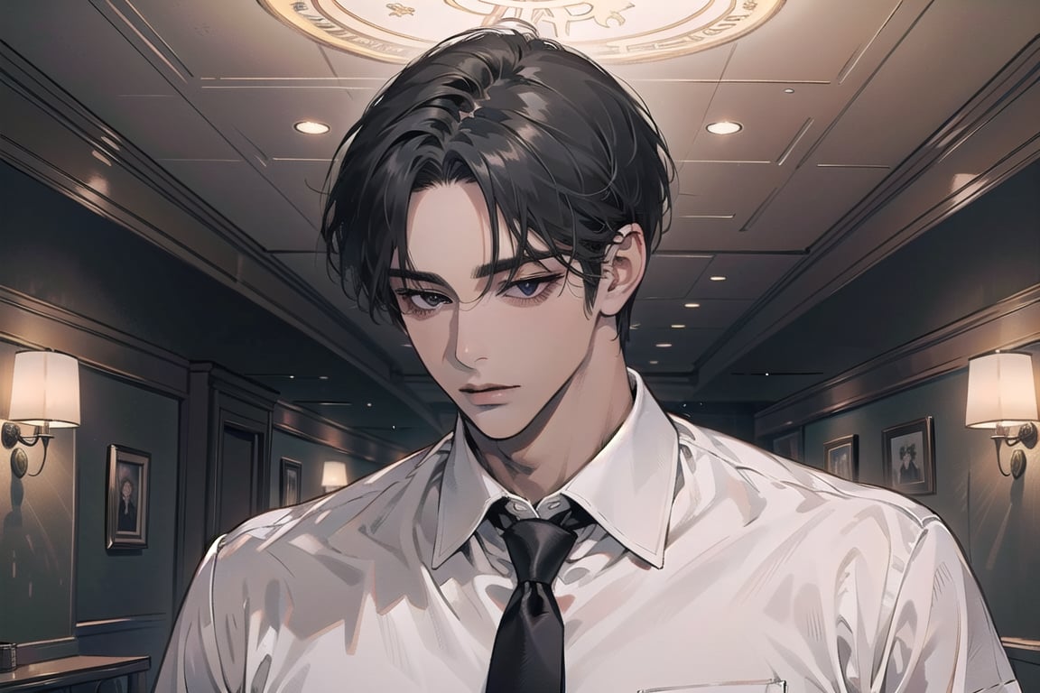 ((black very short hair)), (((dark skin:1.5))), ((center-parting bangs:1.4)), black eyes, mature, angular jaw, thick neck, ((white)) ((shirt:1.3)), short sleeve, ((red tie)), by Raphael, masterpiece, upper body shot, magnificent indoor hall, Dichloe,1 man,1 boy