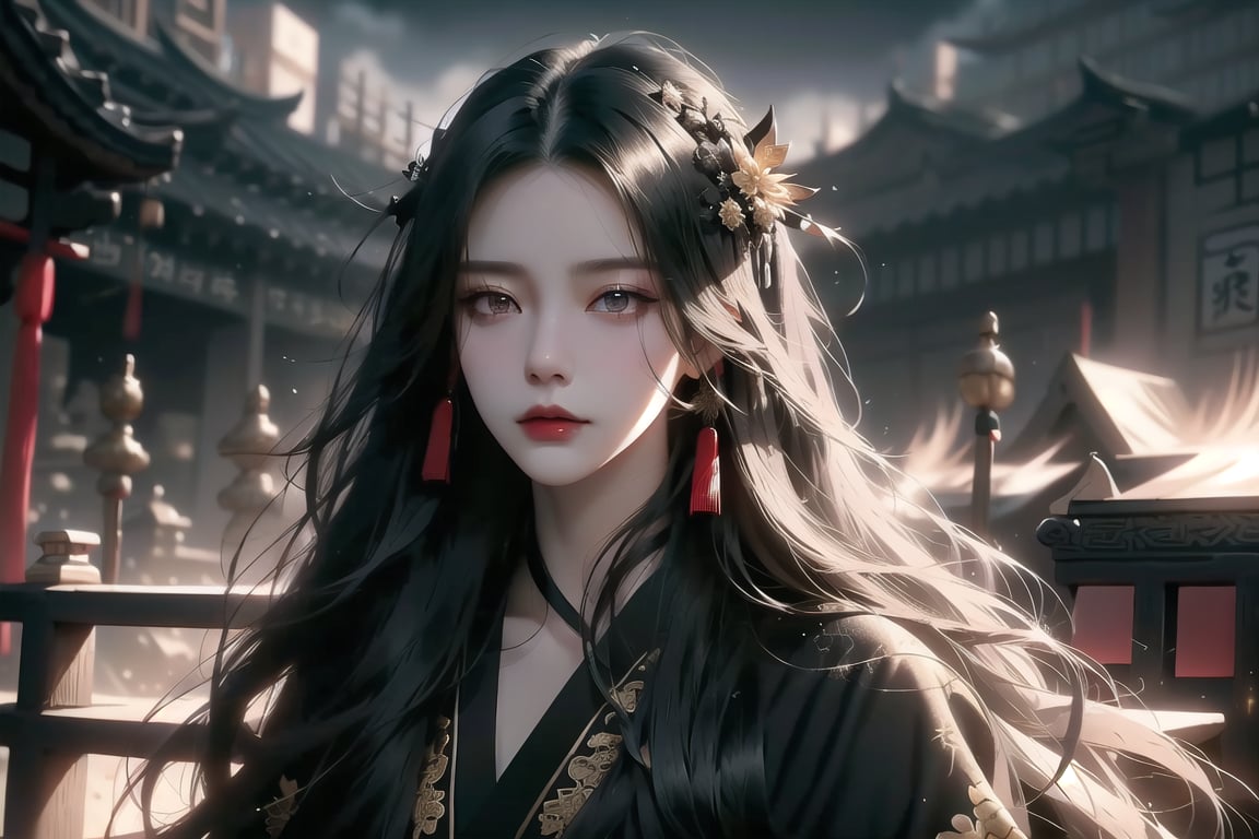 (cowboy shot), dynamic action style, (1woman), (female:1.2), mature face, (mature girl:1.2), sinister smirk, (Chinese hanfu with black and gold accents), finely detailed eyes and face, slim figure, (long black straight hair:1.2), (purple eyes:1.1), (focus on character:1.1), ((solo)), detailed face, detailed eyes, Chinese epic style, clear subject, ultra realistic, ultra detailed, OC rendering, blender, high detail, ultra high quality, dark and ominous atmosphere, dark clouds swirling, subtle mist