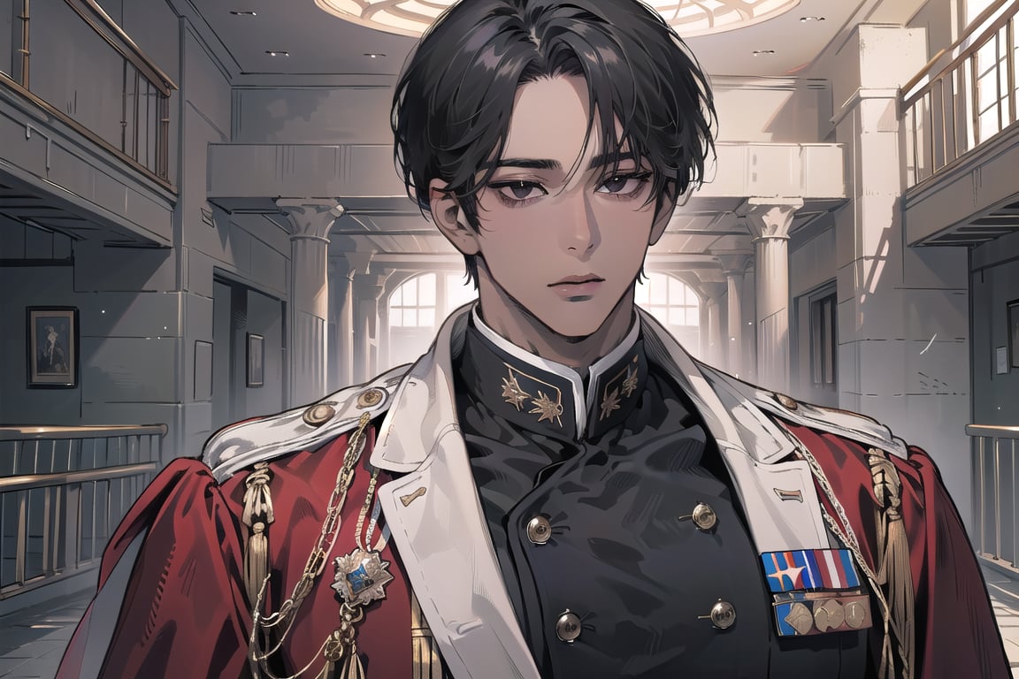  ((black very short hair)), (((dark skin:1.5))), ((center-parting bangs:1.4)), black eyes, mature, angular jaw, thick neck, wearing a (military uniform:1.3), long sleeve, by Raphael, masterpiece, upper body shot, magnificent indoor hall, Dichloe,1 man,1 boy