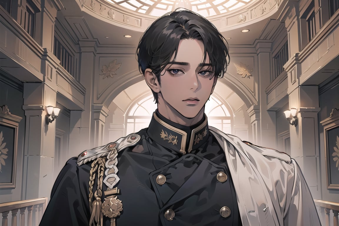  ((black very short hair)), (((dark skin:1.5))), ((center-parting bangs:1.4)), black eyes, ((mature)), angular jaw, thick neck, wearing a (military uniform:1.3), long sleeve, by Raphael, masterpiece, upper body shot, magnificent indoor hall, Dichloe,1 man,1 boy