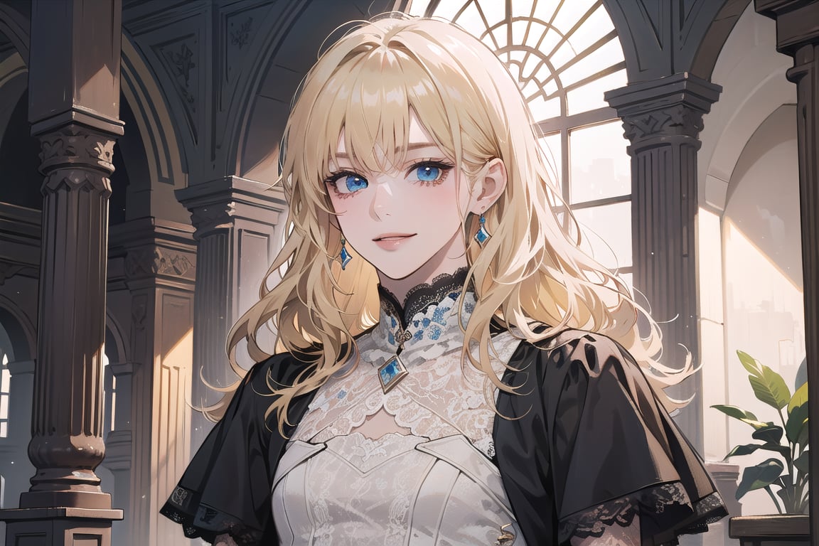 1girl, solo, ((Blonde hair)), (bangs), wavy hair, blue eyes, ((small chest:1.2)), cute smile, earing, wearing a ((modest lace dress:1.5)), short sleeve, by Raphael, masterpiece, upper body shot, magnificent indoor hall