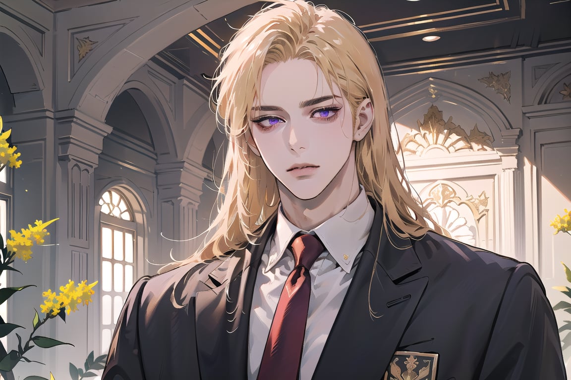 Nitrey, 1 man, mature, ((solo focus)), ((Goldenrod hair)), ((long straight hair)), purple eyes, serious, ((Medium score)), (((half-down:1.5))), To reveal the forehead, handsome, angular jaw,  thick neck, ((School uniform:1.3)), red tie, by Raphael, masterpiece, (upper body:1.3), depth of field, magnificent indoor hall