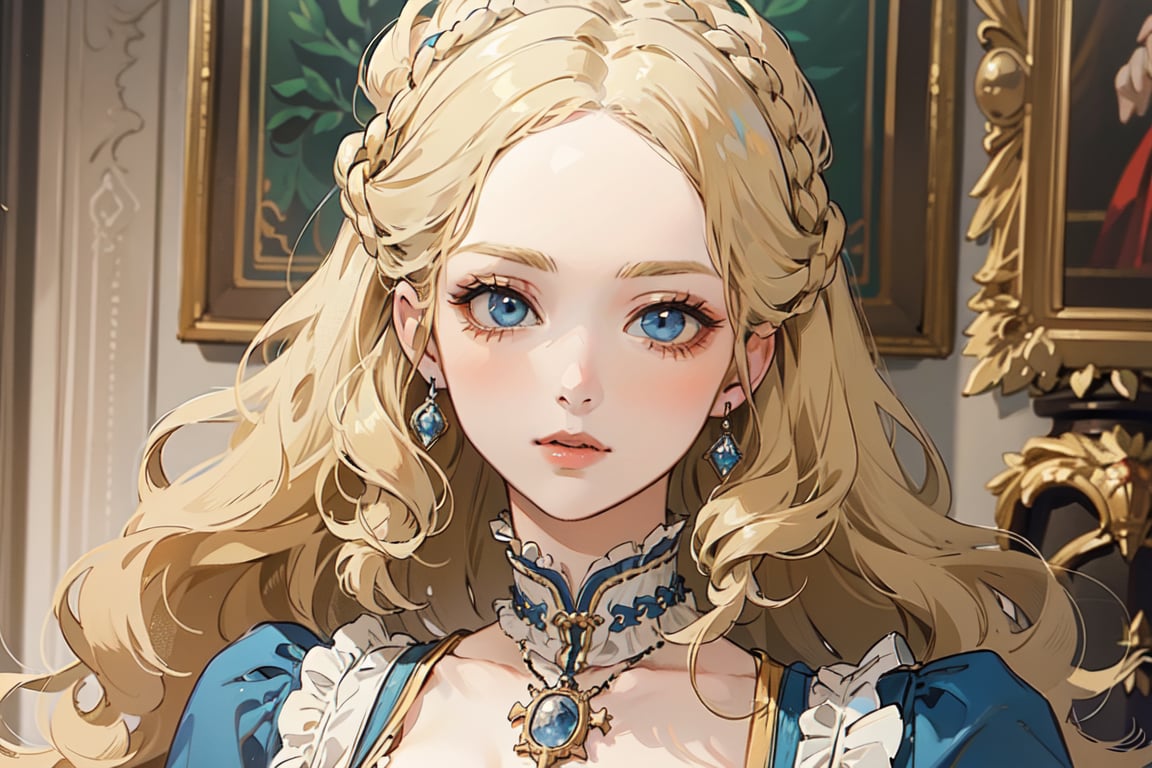 1 woman, solo, ((blonde curly long hair)), blue eyes, Victorian beauty, Victorian gowns, by Raphael, masterpiece, Renaissance, close up portrait,