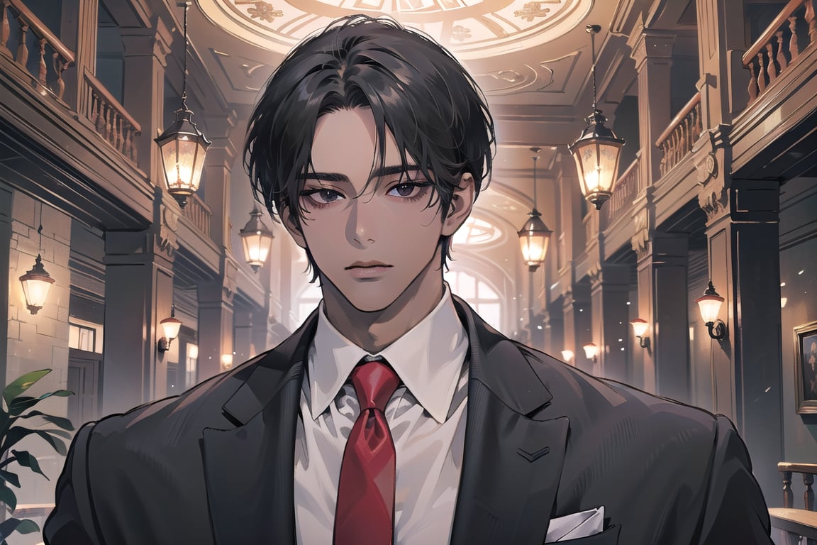 ((black very short hair)), (((dark skin:1.5))), ((center-parting bangs:1.4)), black eyes, mature, angular jaw, thick neck, wearing a ((suit)), ((red tie)), by Raphael, masterpiece, upper body shot, magnificent indoor hall, Dichloe,1 man,1 boy