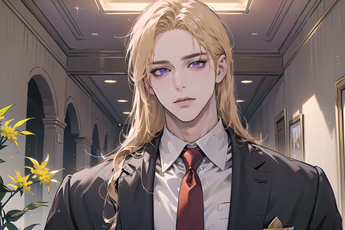 Nitrey, 1 man, mature, ((solo focus)), ((Goldenrod hair)), ((long straight hair)), purple eyes, serious, ((Medium score)), (((half-down:1.5))), To reveal the forehead, handsome, angular jaw,  thick neck, ((School uniform:1.3)), red tie, by Raphael, masterpiece, upper body shot, magnificent indoor hall