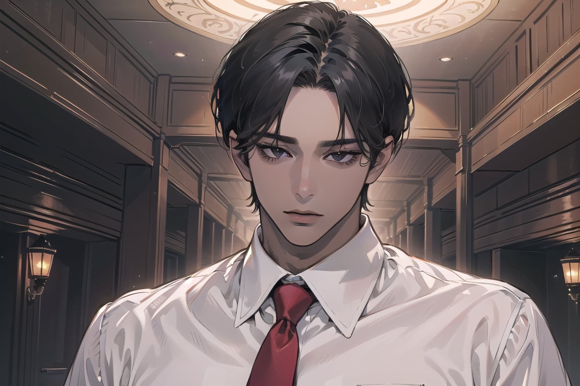 ((black very short hair)), (((dark skin:1.5))), ((center-parting bangs:1.4)), black eyes, mature, angular jaw, thick neck, ((white)) ((shirt:1.3)), short sleeve, ((red tie)), by Raphael, masterpiece, upper body shot, magnificent indoor hall, Dichloe,1 man,1 boy