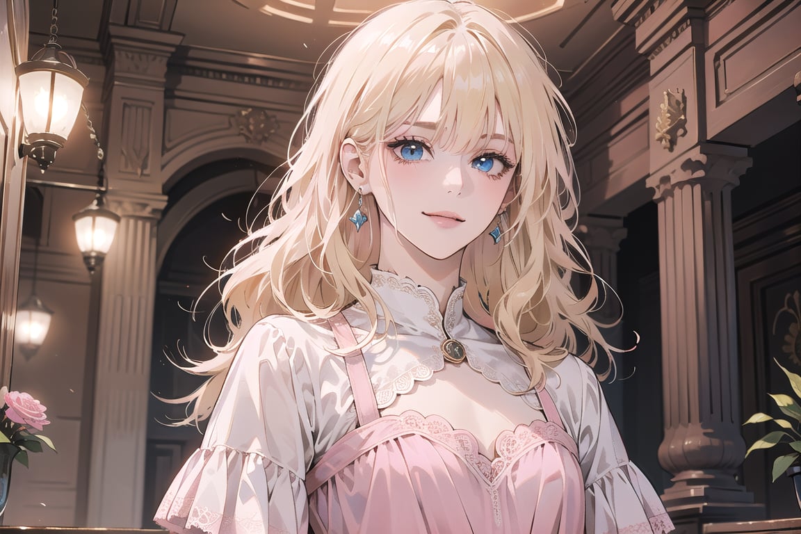 1girl, solo, ((Blonde hair)), (bangs), wavy hair, blue eyes, ((small chest:1.2)), seductive smile, earing, wearing a ((pink modest dress:1.5)), lace, satin, layer skirt, short sleeve, by Raphael, masterpiece, upper body shot, magnificent indoor hall