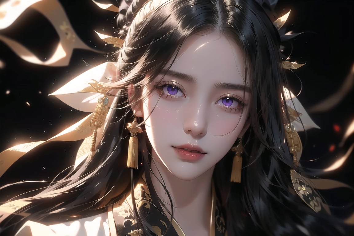 (cowboy shot), dynamic action style, (1woman), (female:1.2), mature face, (mature girl:1.2), sinister smirk, (Chinese hanfu with black and gold accents), finely detailed eyes and face, slim figure, (long black straight hair:1.2), (purple eyes:1.1), (focus on character:1.1), ((solo)), detailed face, detailed eyes, Chinese epic style, clear subject, ultra realistic, ultra detailed, OC rendering, blender, high detail, ultra high quality, dark and ominous atmosphere, dark clouds swirling, subtle mist