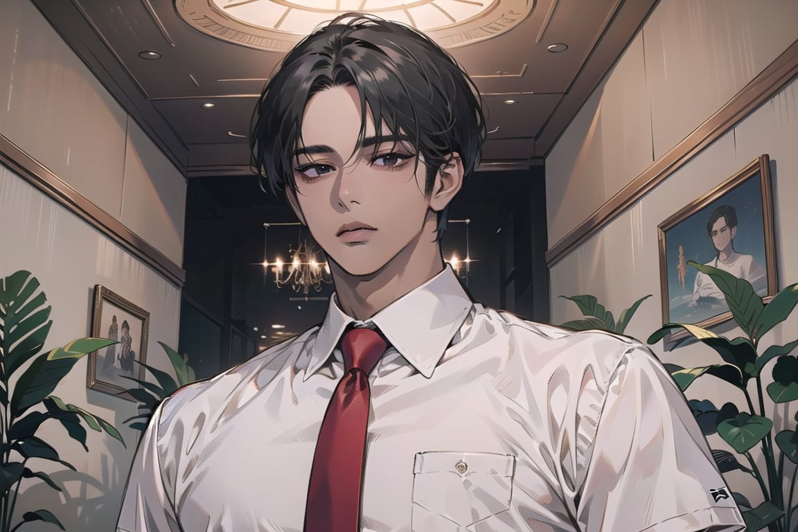 ((black very short hair)), (((dark skin:1.5))), ((center-parting bangs:1.4)), black eyes, mature, angular jaw, thick neck, ((white)) ((shirt:1.3)), short sleeve, red tie, by Raphael, masterpiece, upper body shot, magnificent indoor hall, Dichloe,1 man,1 boy