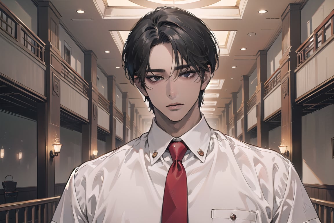 ((black very short hair)), (((dark skin:1.5))), ((center-parting bangs:1.4)), black eyes, mature, angular jaw, thick neck, ((white)) ((shirt:1.3)), short sleeve, ((red tie)), by Raphael, masterpiece, upper body shot, magnificent indoor hall, Dichloe,1 man,1 boy