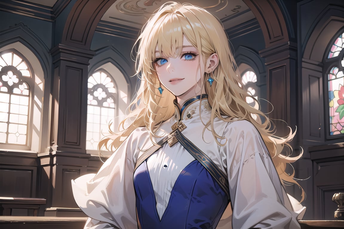 1girl, solo, ((Blonde hair)), (bangs), wavy hair, blue eyes, ((small chest:1.3)), seductive smile, earing, wearing a ((modest dress:1.5)), by Raphael, masterpiece, upper body shot, magnificent indoor hall