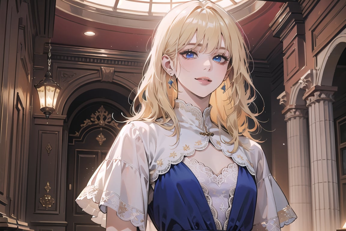 1girl, solo, ((Blonde hair)), (bangs), wavy hair, blue eyes, ((small chest:1.2)), seductive smile, earing, wearing a pink ((modest dress:1.5)), lace, satin, layer skirt, short sleeve, by Raphael, masterpiece, upper body shot, magnificent indoor hall