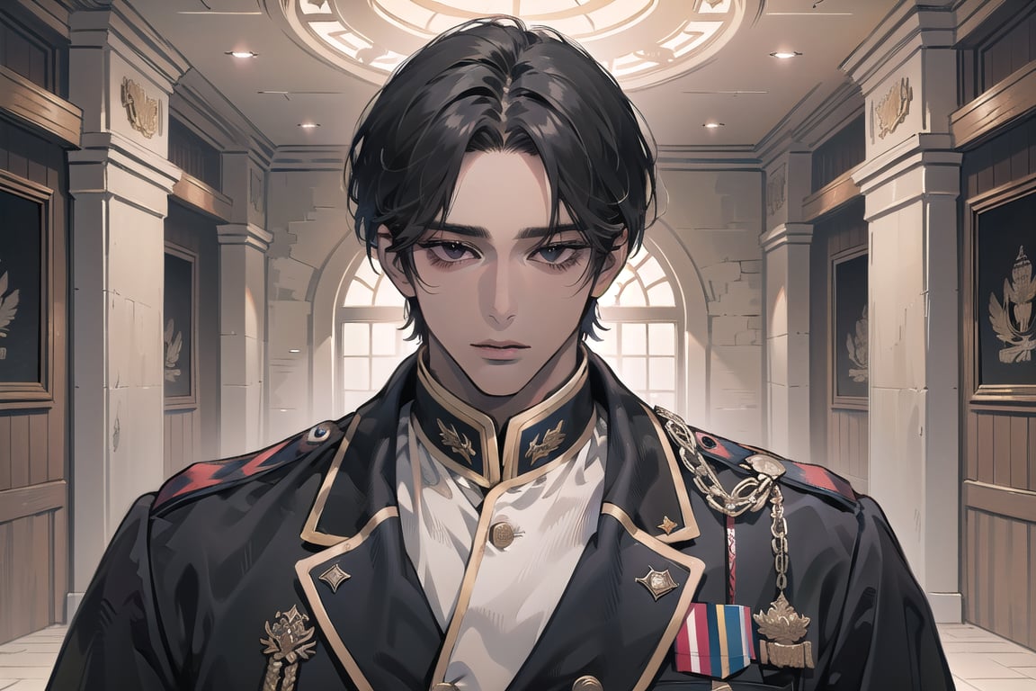  ((black very short hair)), (((dark skin:1.5))), ((center-parting bangs:1.4)), black eyes, ((mature)), angular jaw, thick neck, wearing a (military uniform:1.3), long sleeve, by Raphael, masterpiece, upper body shot, magnificent indoor hall, Dichloe,1 man,1 boy