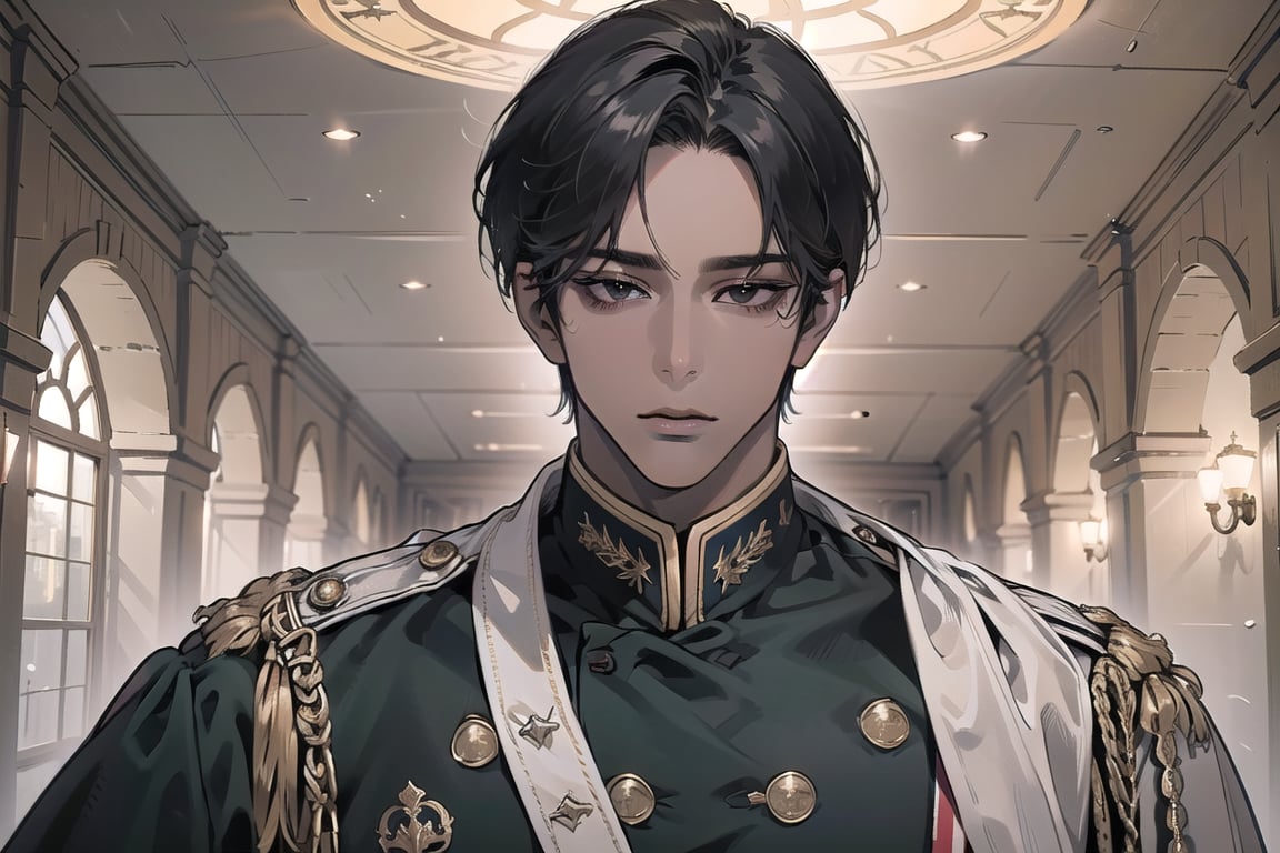  ((black very short hair)), (((dark skin:1.5))), ((center-parting bangs:1.4)), black eyes, ((mature)), angular jaw, thick neck, wearing a (military uniform:1.3), long sleeve, by Raphael, masterpiece, upper body shot, magnificent indoor hall, Dichloe,1 man,1 boy