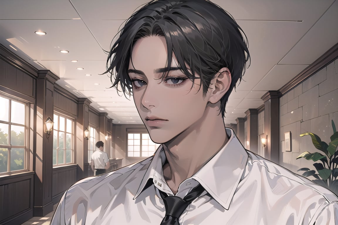 ((black very short hair)), (((dark skin:1.5))), ((center-parting bangs:1.4)), black eyes, mature, angular jaw, thick neck, ((white)) ((shirt:1.3)), short sleeve, tie, by Raphael, masterpiece, upper body shot, magnificent indoor hall, Dichloe,1 man,1 boy