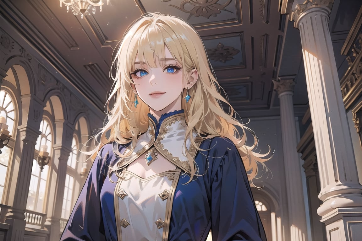 1girl, solo, ((Blonde hair)), (bangs), wavy hair, blue eyes, ((small chest:1.2)), seductive smile, earing, wearing a ((modest dress:1.5)), by Raphael, masterpiece, upper body shot, magnificent indoor hall