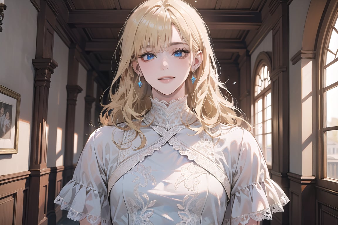 1girl, solo, ((Blonde hair)), (bangs), wavy hair, blue eyes, ((small chest:1.2)), cute smile, earing, wearing a ((modest lace dress:1.5)), short sleeve, by Raphael, masterpiece, upper body shot, magnificent indoor hall