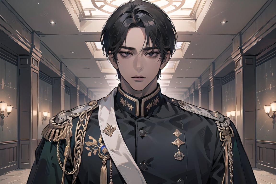  ((black very short hair)), (((dark skin:1.5))), ((center-parting bangs:1.4)), black eyes, ((mature)), serious, angular jaw, thick neck, wearing a (military uniform:1.3), long sleeve, by Raphael, masterpiece, upper body shot, magnificent indoor hall, Dichloe,1 man,1 boy