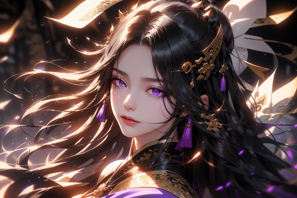 (cowboy shot), dynamic action style, (1woman), (female:1.2), mature face, (mature girl:1.2), sinister smirk, (Chinese hanfu with black and gold accents), finely detailed eyes and face, slim figure, (long black straight hair:1.2), (purple eyes:1.3), (focus on character:1.1), ((solo)), detailed face, detailed eyes, Chinese epic style, clear subject, ultra realistic, ultra detailed, OC rendering, blender, high detail, ultra high quality, dark and ominous atmosphere, dark clouds swirling, subtle mist