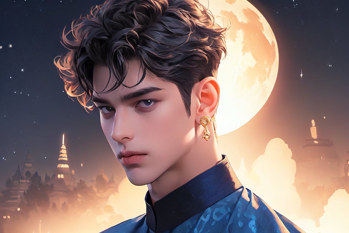 RWA photo, best quality, masterpiece, 8K resolution, ((solo:1.3)), ((1boy)), ready for battle, Asian beautiful teen boy, exquisite facial features, wearing luxurious blue Kurta, adorned with golden earrings, ((black short hair)), ((curly hair)), black eyes, close up portrait, perfect figure, cinematic lighting, in starlit night with big moon, at acient palace