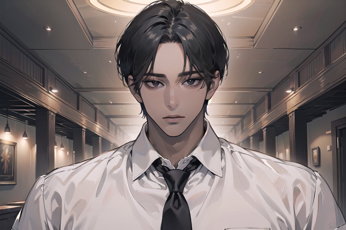 ((black very short hair)), (((dark skin:1.5))), ((center-parting bangs:1.4)), black eyes, mature, angular jaw, thick neck, ((white)) ((shirt:1.3)), short sleeve, tie, by Raphael, masterpiece, upper body shot, magnificent indoor hall, Dichloe,1 man,1 boy