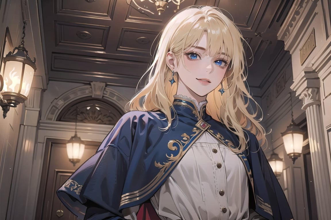 1girl, solo, ((Blonde hair)), (bangs), wavy hair, blue eyes, ((small chest:1.2)), seductive smile, earing, wearing a ((modest dress:1.5)), by Raphael, masterpiece, upper body shot, magnificent indoor hall