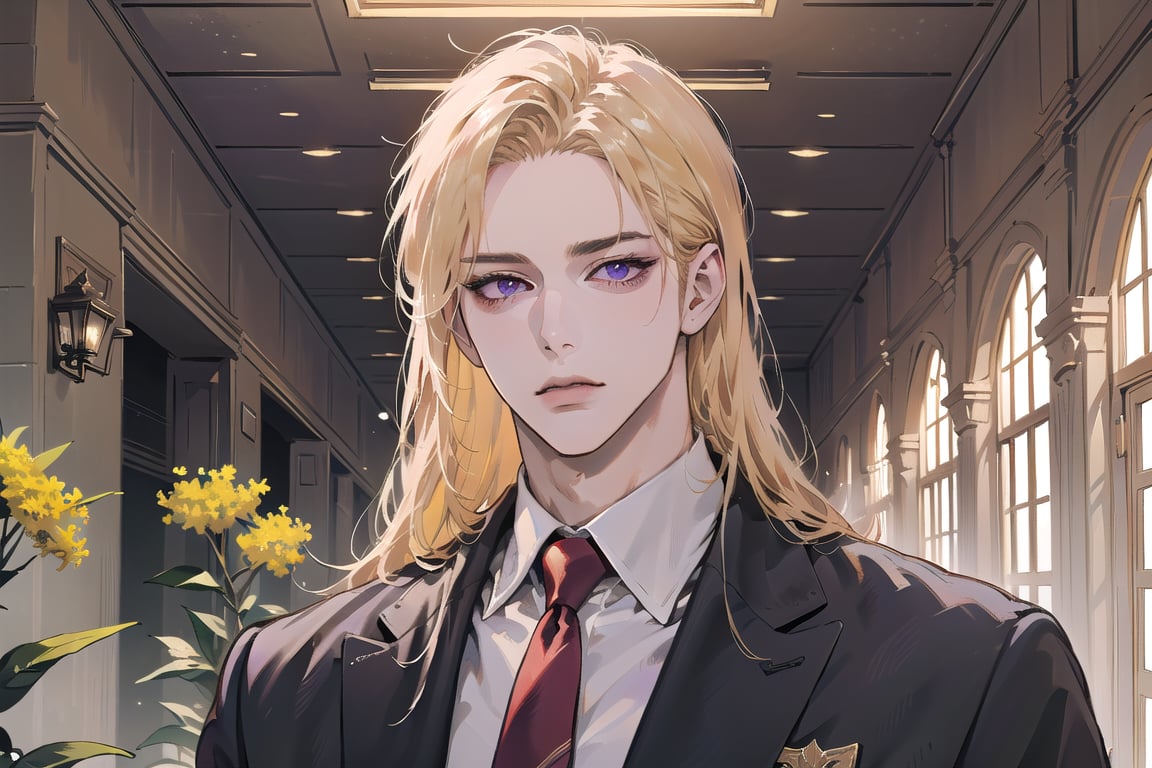 Nitrey, 1 man, mature, ((solo focus)), ((Goldenrod hair)), ((long straight hair)), purple eyes, serious, ((Medium score)), (((half-down:1.5))), To reveal the forehead, handsome, angular jaw,  thick neck, ((School uniform:1.3)), red tie, by Raphael, masterpiece, (upper body:1.3), depth of field, magnificent indoor hall