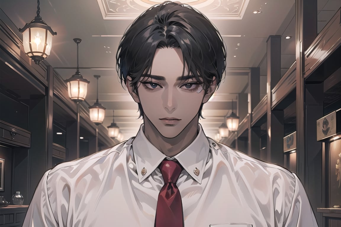 ((black very short hair)), (((dark skin:1.5))), ((center-parting bangs:1.4)), black eyes, mature, angular jaw, thick neck, ((white)) ((shirt:1.3)), short sleeve, red tie, by Raphael, masterpiece, upper body shot, magnificent indoor hall, Dichloe,1 man,1 boy