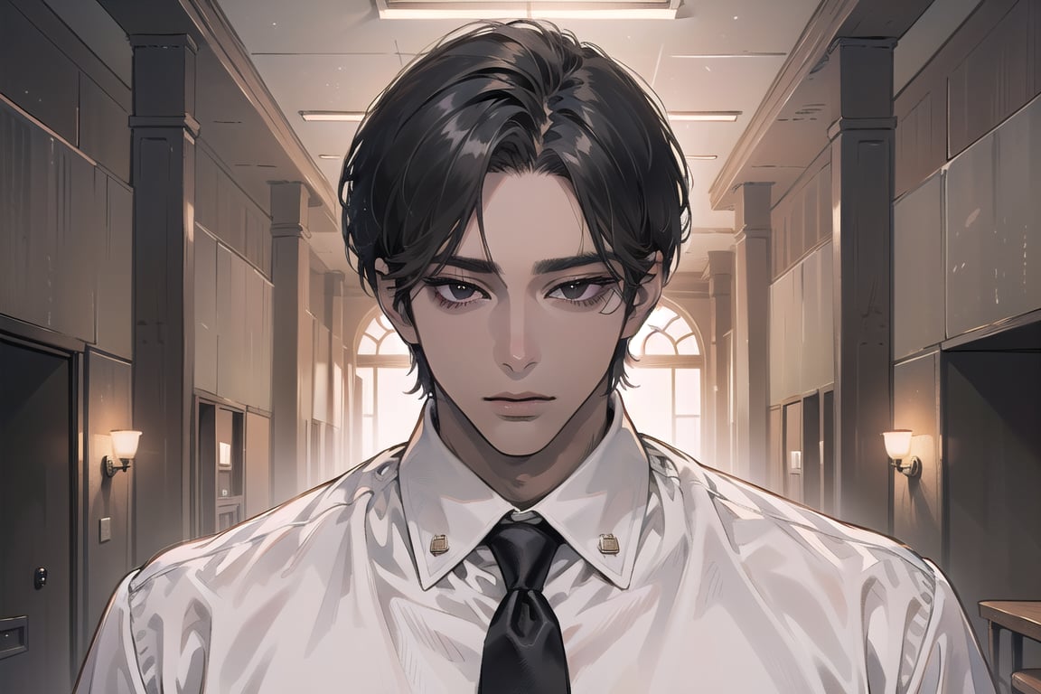 ((black very short hair)), (((dark skin:1.5))), ((center-parting bangs:1.4)), black eyes, mature, angular jaw, thick neck, ((white)) ((shirt:1.3)), short sleeve, red tie, by Raphael, masterpiece, upper body shot, magnificent indoor hall, Dichloe,1 man,1 boy