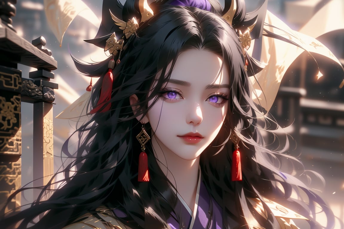 (cowboy shot), dynamic action style, (1woman), (female:1.2), mature face, (mature girl:1.2), sinister smirk, (Chinese hanfu with black and gold accents), finely detailed eyes and face, slim figure, (long black straight hair:1.2), (purple eyes:1.3), (focus on character:1.1), ((solo)), detailed face, detailed eyes, Chinese epic style, clear subject, ultra realistic, ultra detailed, OC rendering, blender, high detail, ultra high quality, dark and ominous atmosphere, dark clouds swirling, subtle mist