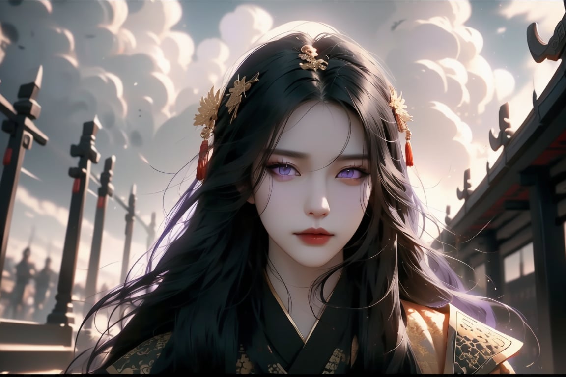 (cowboy shot), dynamic action style, (1woman), (female:1.2), mature face, (mature girl:1.2), sinister smirk, (Chinese hanfu with black and gold accents), finely detailed eyes and face, slim figure, (long black straight hair:1.2), (purple eyes:1.3), (focus on character:1.1), ((solo)), detailed face, detailed eyes, Chinese epic style, clear subject, ultra realistic, ultra detailed, OC rendering, blender, high detail, ultra high quality, dark and ominous atmosphere, dark clouds swirling, subtle mist