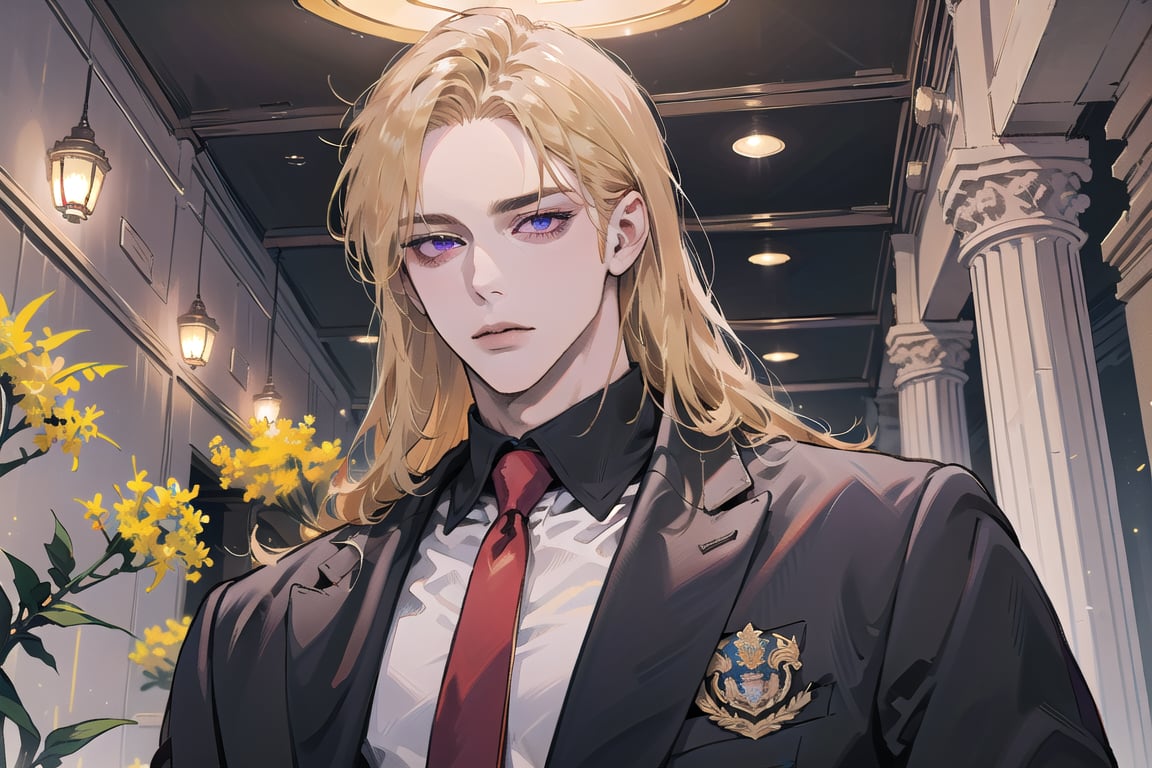 Nitrey, 1 man, mature, ((solo focus)), ((Goldenrod hair)), ((long straight hair)), purple eyes, serious, ((Medium score)), (((half-down:1.5))), To reveal the forehead, handsome, angular jaw,  thick neck, ((School uniform:1.3)), red tie, by Raphael, masterpiece, upper body shot, magnificent indoor hall