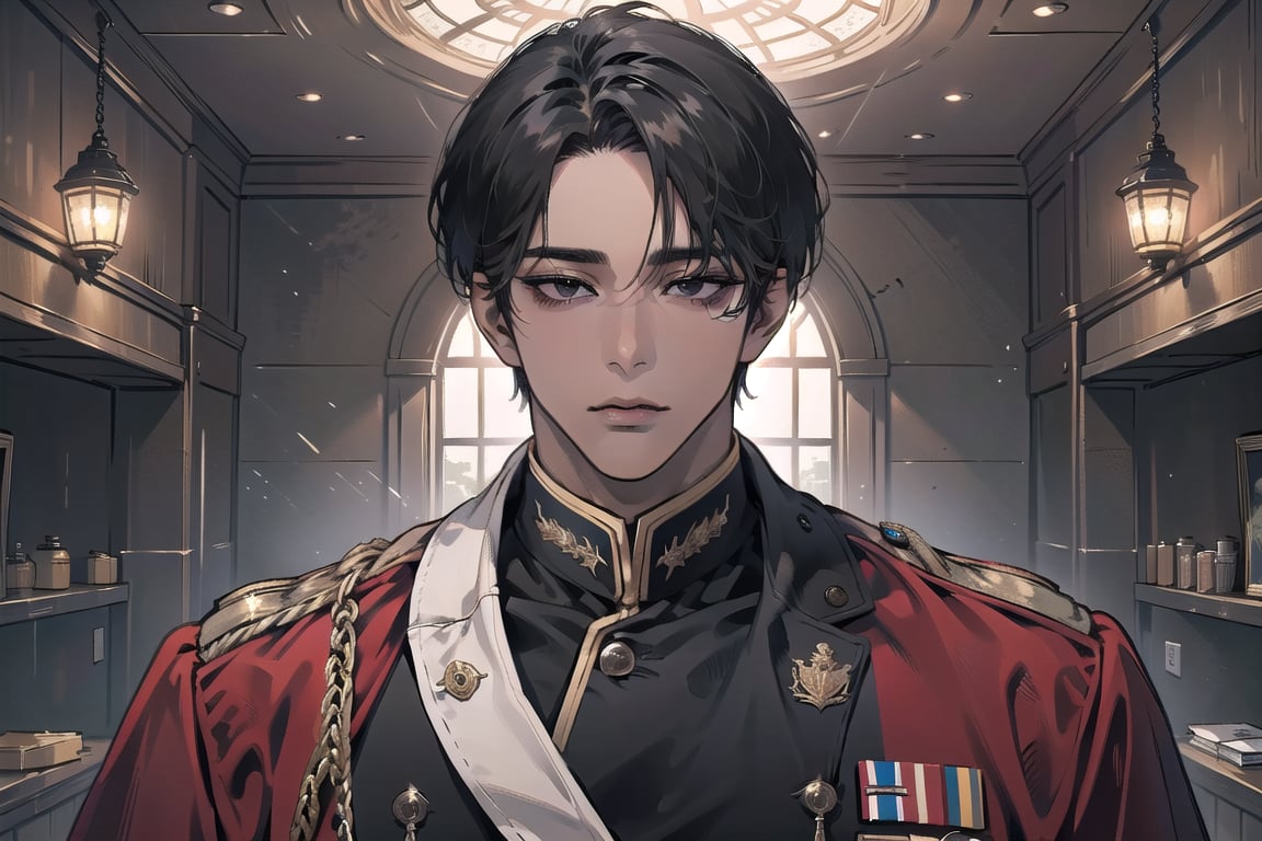  ((black very short hair)), (((dark skin:1.5))), ((center-parting bangs:1.4)), black eyes, ((mature)), angular jaw, thick neck, wearing a (military uniform:1.3), long sleeve, by Raphael, masterpiece, upper body shot, magnificent indoor hall, Dichloe,1 man,1 boy