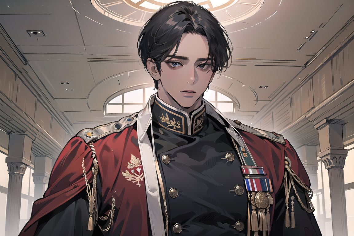  ((black very short hair)), (((dark skin:1.5))), ((center-parting bangs:1.4)), black eyes, ((mature)), angular jaw, thick neck, wearing a (military uniform:1.3), long sleeve, by Raphael, masterpiece, upper body shot, magnificent indoor hall, Dichloe,1 man,1 boy