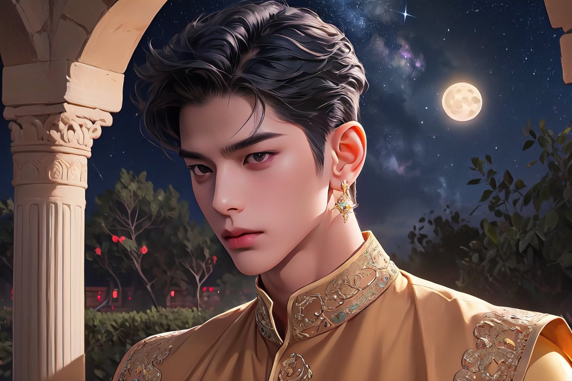 RWA photo, best quality, masterpiece, 8K resolution, ((solo:1.3)), ((1boy)), ready for battle, Asian beautiful teen boy, exquisite facial features, wearing luxurious blue Kurta, adorned with golden earrings, ((black short hair)), ((curly hair)), black eyes, close up portrait, perfect figure, cinematic lighting, in starlit night with big moon, at acient palace