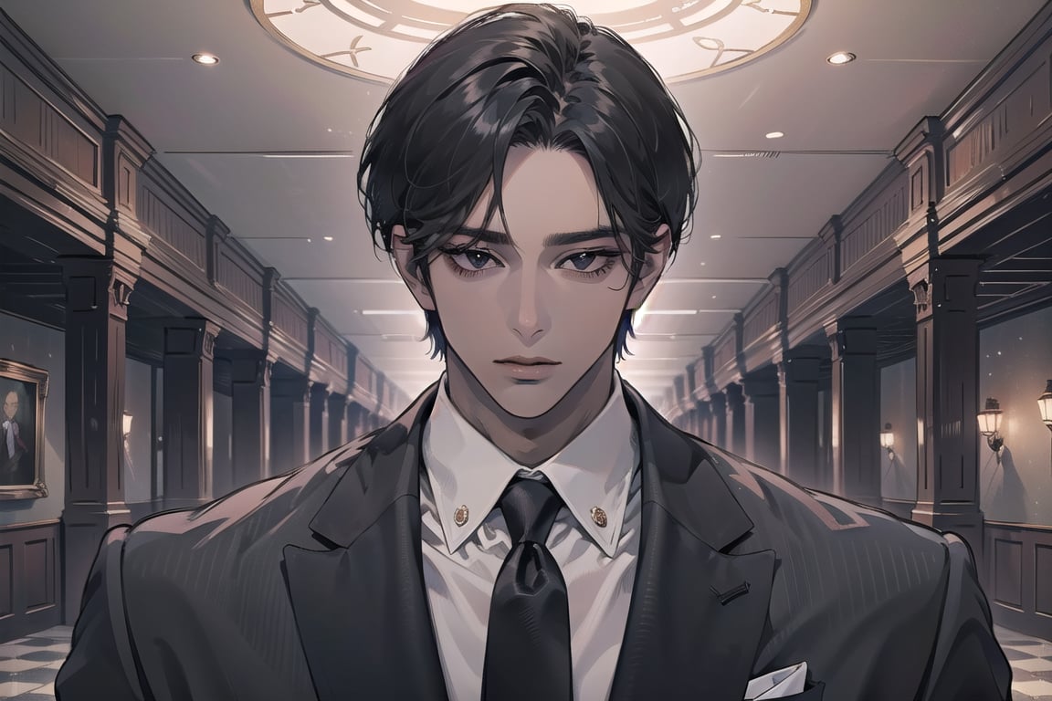 ((black very short hair)), (((dark skin:1.5))), ((center-parting bangs:1.4)), black eyes, mature, angular jaw, thick neck, wearing a ((suit)), red tie, by Raphael, masterpiece, upper body shot, magnificent indoor hall, Dichloe,1 man,1 boy