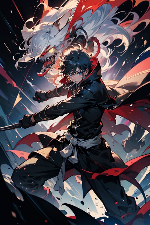 In a dramatic, high-resolution artwork reminiscent of the bleach art style, a powerful figure stands at the forefront of a ravaged battlefield. The man, dressed in a long black trenchcoat that flows behind him like a dark cape, radiates an aura of intense energy as black tendrils swirl around his body. A gleaming, black-bladed sword is thrust forward, encircled by vivid lightning, as he charges towards the viewer with a frenzied intensity. His crazed eyes blaze with unbridled ferocity, and speedlines distort the air around him, emphasizing the dynamic pose of this fearless warrior.