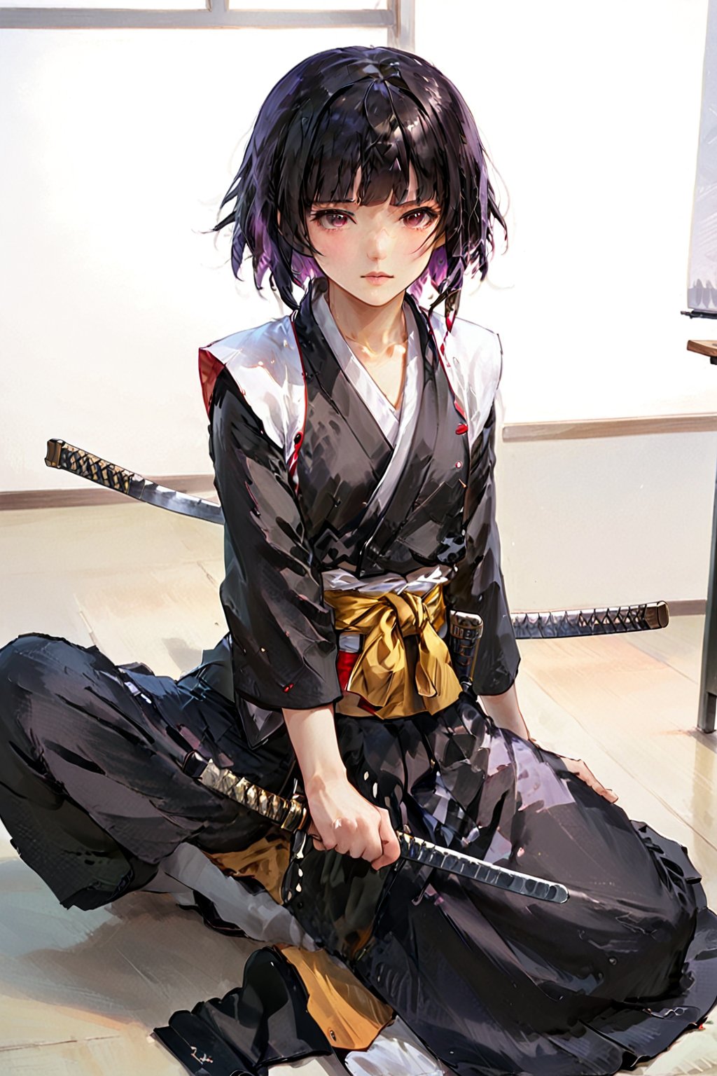 (masterpiece, vivid colors), 1girl, solo, soifon, bangs, black eyes, black hair, score_9, score_8_up, score_7_up, soifon leaning back in cowgirl position, (((using "katana dildo" in pussy))), low view from front, ((soifon looking at viewer, japanese clothes, black kimono, black hakama, sleeveless white haori, shirt open to show small breasts and nipples out exposed and visible, toned stomach abs)), inside classroom, blush, skinny, big eyes, (bright pupils), orgasmic face, ahegao, spread legs, small size breasts, squirting,high detailed face, expressive, anime, speedlines, dynamic,