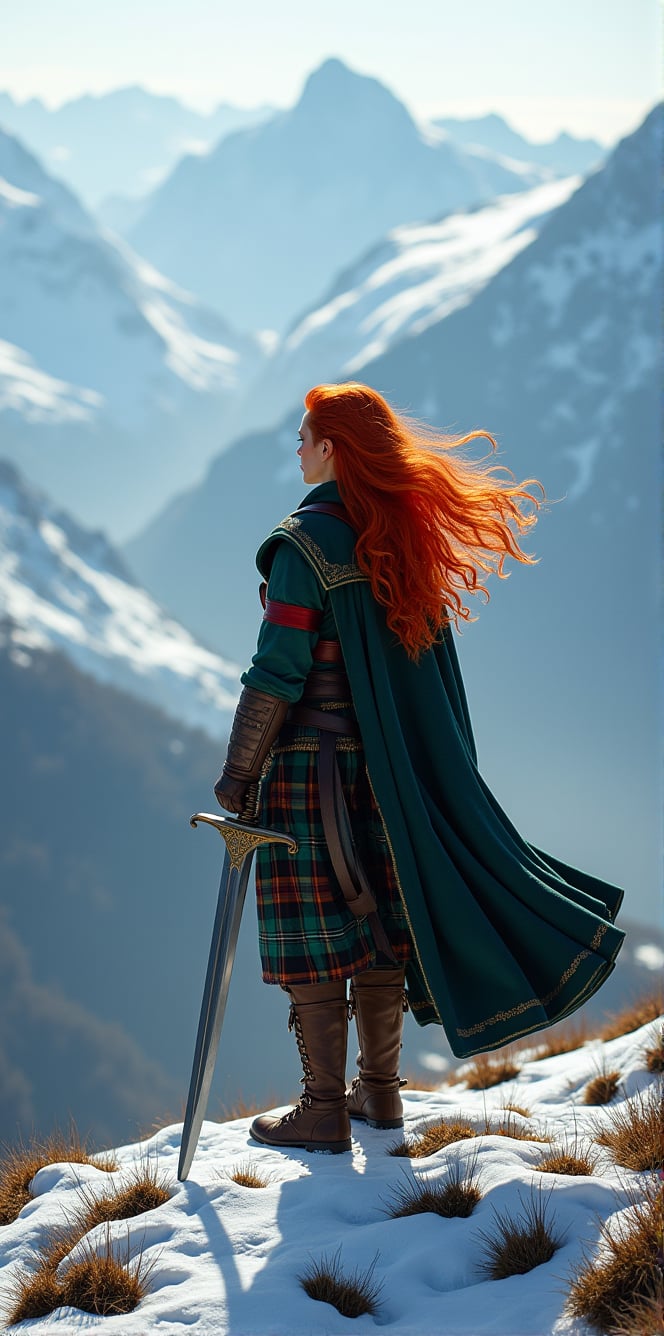 A fiery redhead Scottish woman, dressed in traditional Scottish attire, stands proudly on a snow-capped mountain peak, her sword at the ready. She gazes out at the breathtaking winter landscape, her wild red locks blowing gently in the crisp mountain air as she surveys her kingdom.