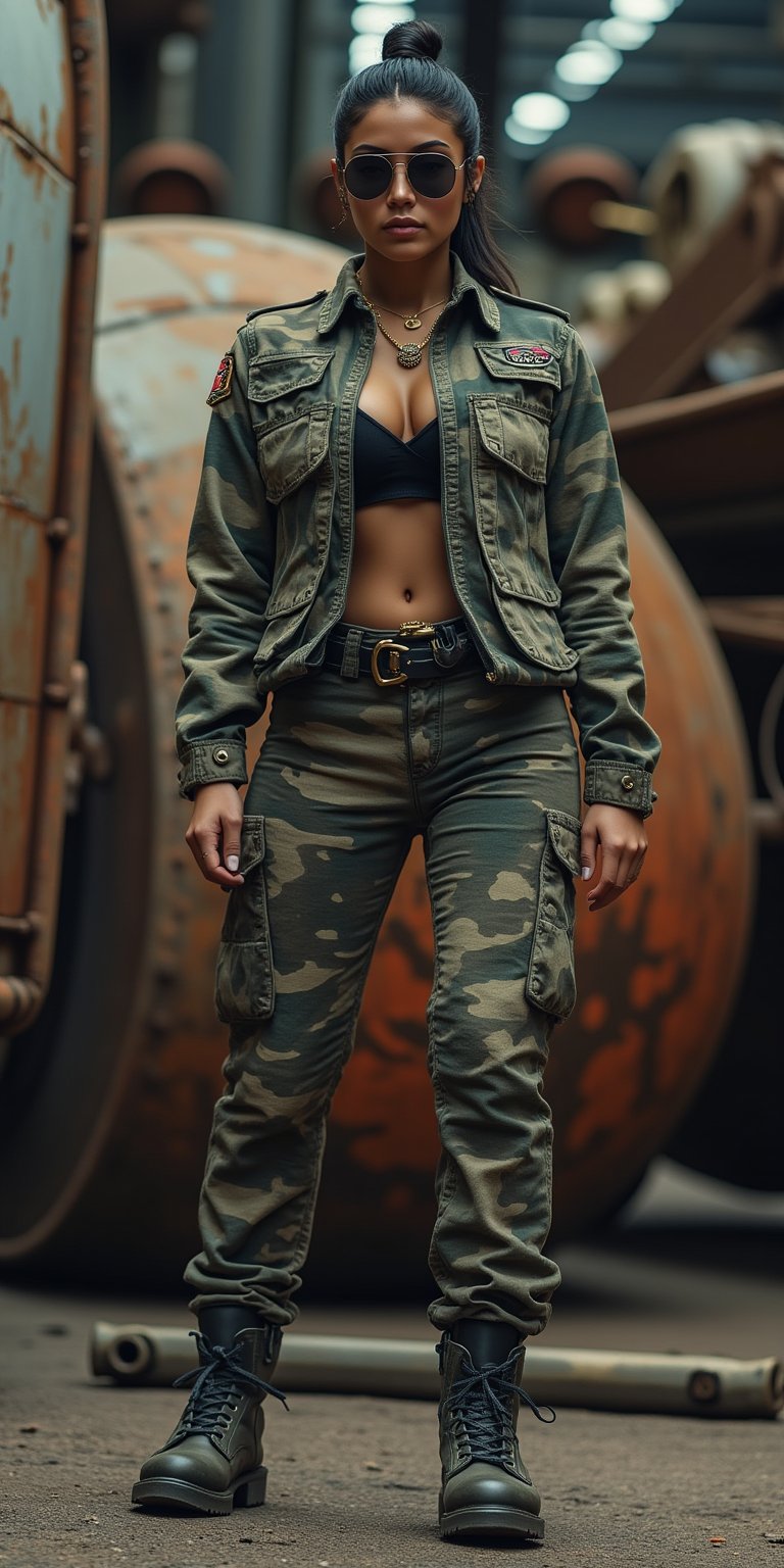 A fierce young woman with a military style, standing in an industrial setting with large metal containers behind her. She is wearing a camo-print jacket, cargo pants, and combat boots, with a belt and aviator sunglasses. The industrial area is filled with heavy machinery and rusted metal. The camera uses a low-angle shot with a 35mm lens, giving her a commanding presence in the frame. The lighting is harsh and direct, casting strong shadows that highlight the ruggedness of her outfit and the toughness of the setting. The image is in 4K resolution, capturing the gritty details of her military-inspired clothing and the raw, industrial environment, ek_ph0t0_b00ster