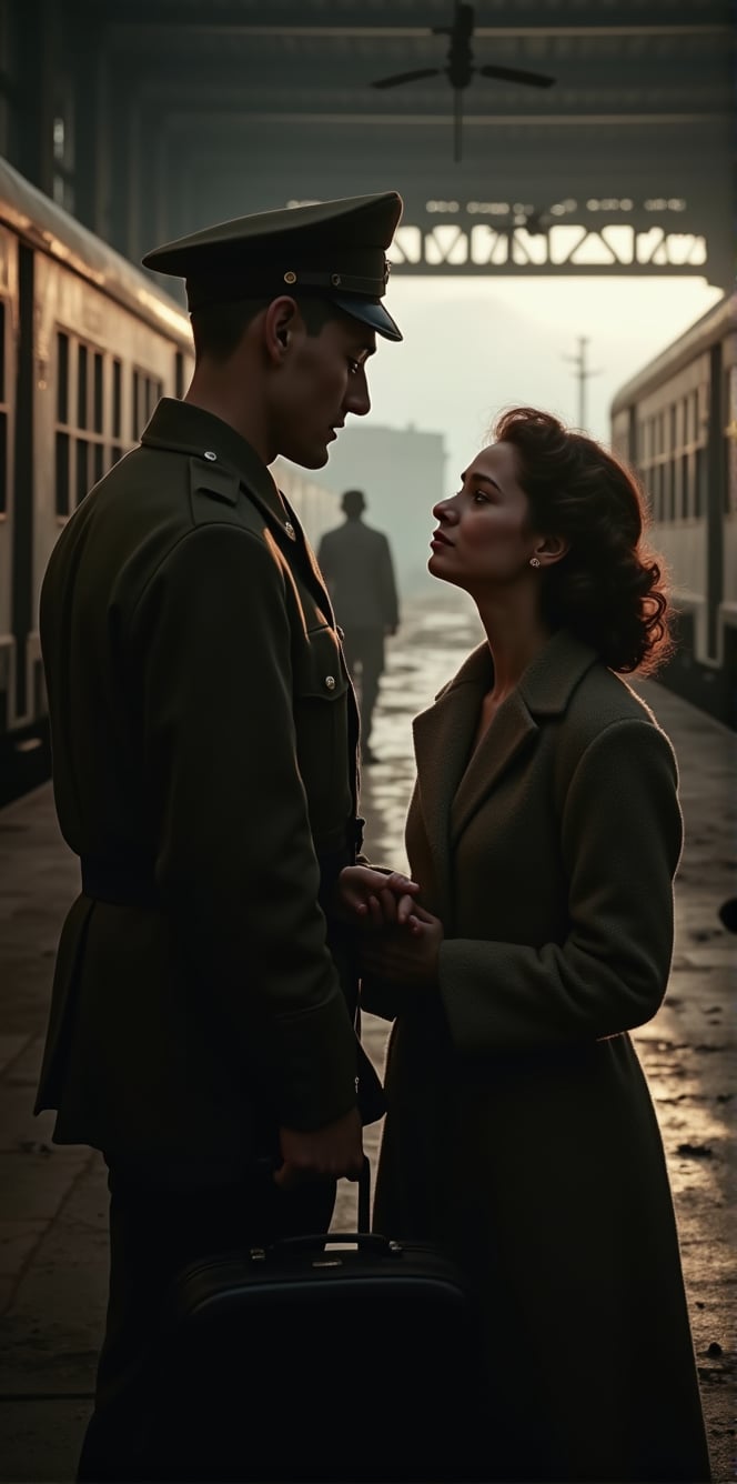 A melancholic couple, deeply in love, say their tearful goodbyes at a train station in 1942. The husband, conscripted to fight in World War II, stands solemnly as his loved one weeps uncontrollably. A somber atmosphere of war-torn devastation envelops them, with shadows cast by the dimly lit station's flickering lights. The wife's distraught face, framed by a blurred background of luggage and departing trains, conveys the agony of their farewell.