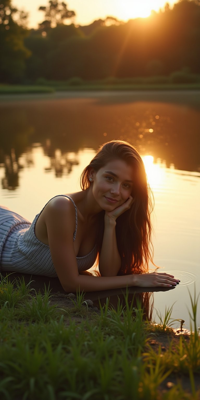 Linda Garota Deitada No Chão A Beira De Um Lago Ao Por Do Sol: A young woman lies on the grassy shore of a serene lake at sunset. Her reflection ripples gently across the water, adding an air of elegance to the already picturesque scene. Warm sunlight casts a golden glow on her relaxed pose and the surrounding landscape, with trees and verdant foliage reflected in the calm lake waters.