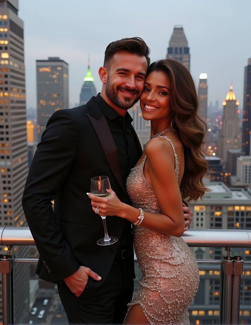 A majestic couple, radiant with elegance and passion, pose on the 20th floor rooftop overlooking luxurious high-rise buildings. He leans against the railing, pulling his dashing date close to his chest. She cradles a wine glass in one hand and gently rests her other hand on his shoulder. The beaming smiles of this loving couple captivate the paparazzi as they bask in the opulence of the upscale event, their refined jewelry and hairstyles shining like diamonds against the city's glittering skyline.